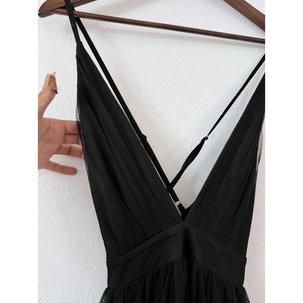 Black Tulle Maxi Dress Plunge Halter Open Back Slit Prom Evening Luxxel S NWT - Picture 11 of 11